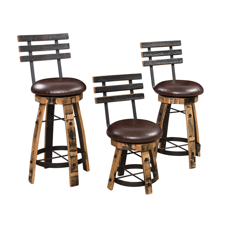 Barrel Stave Bar Stool with Round Steel, Cushions & Backs