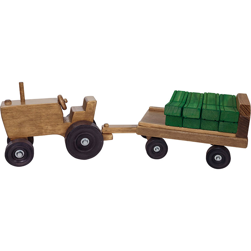 Wooden Tractor w/Wagon & Hay Bales